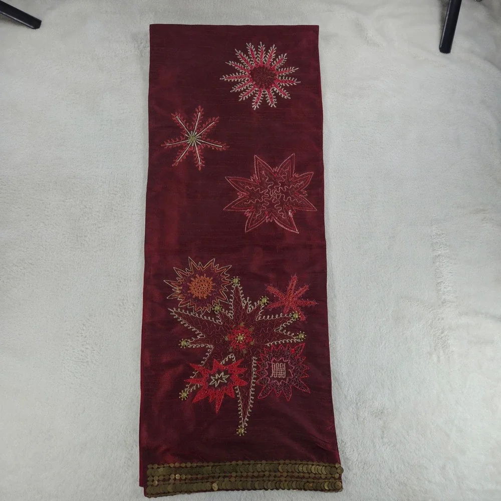 Pier 1 Imports Starburst Table Runner 14x72 Burgundy Red Embroidered Sequin Silk